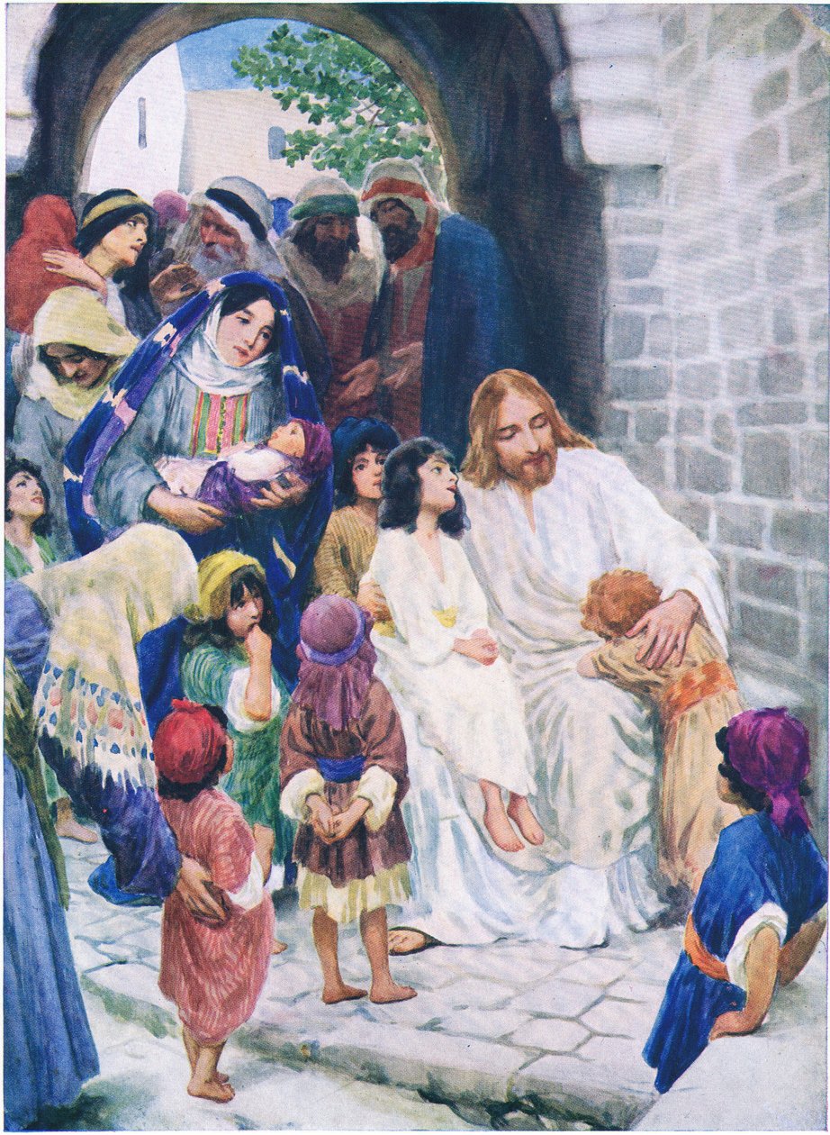 Jesus e as crianças, do livro de imagens da Bíblia publicado por Thomas Nelson, c.1950 de William Henry Margetson