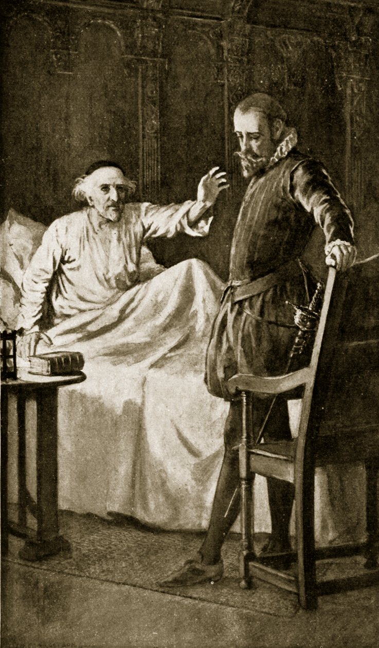 Knox em seu leito de morte, em novembro de 1572, ilustração da "História da nação britânica" de Hutchinson, c.1923 de William Henry Margetson