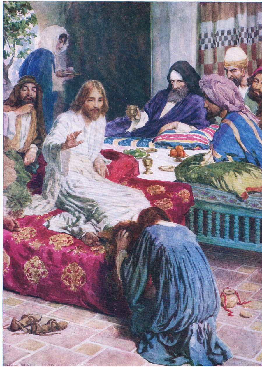 Maria e a caixa de alabastro, de O Livro de Gravuras da Bíblia, publicado por Thomas Nelson, c.1950 de William Henry Margetson