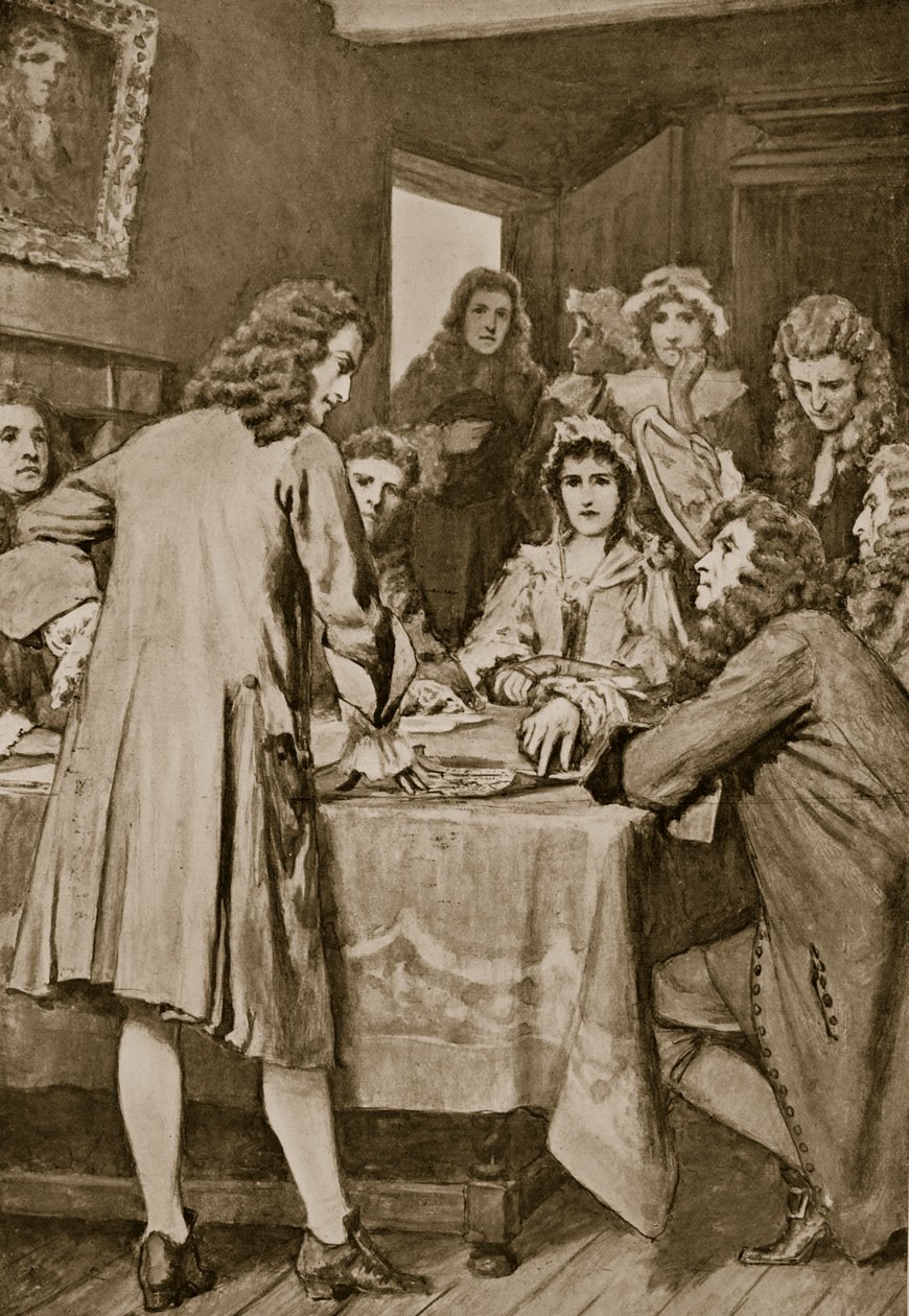 Paterson explica o esquema de Darien em Edimburgo, 1694, ilustração da "História da nação britânica" de Hutchinson, c.1923 de William Henry Margetson