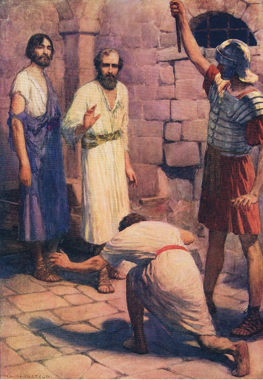 Paulo e Silas na prisão, do livro bíblico publicado por Thomas Nelson, c.1950 de William Henry Margetson