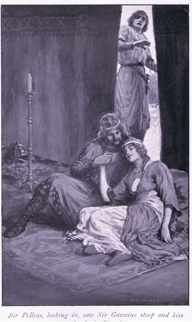 Sir Pelleas, olhando para dentro, viu Sir Gawaine se inclinar e beijar a dama Ettard de William Henry Margetson