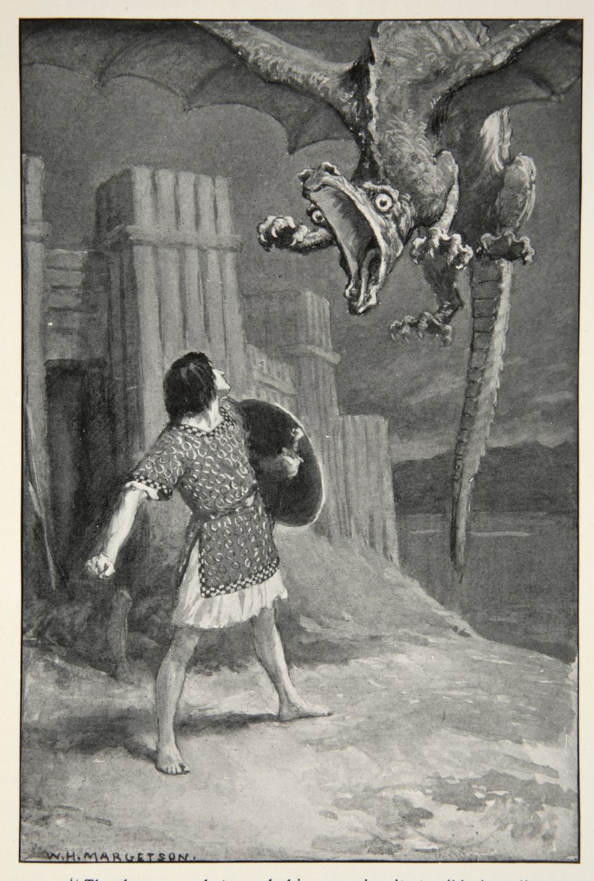 O dragão afundou em sua direção, abrindo suas terríveis mandíbulas, de "Mitos Heróis e Lendas da Raça Britânica", de MI Ebbutt, 1910 de William Henry Margetson