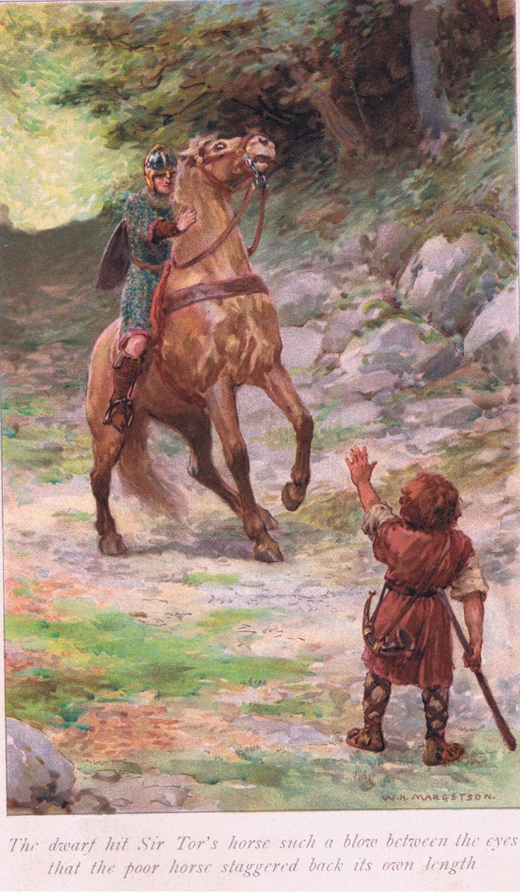 O anão acertou o cavalo de Sir Tor com um golpe tão forte entre os olhos que o pobre cavalo cambaleou para trás em seu próprio comprimento. de William Henry Margetson