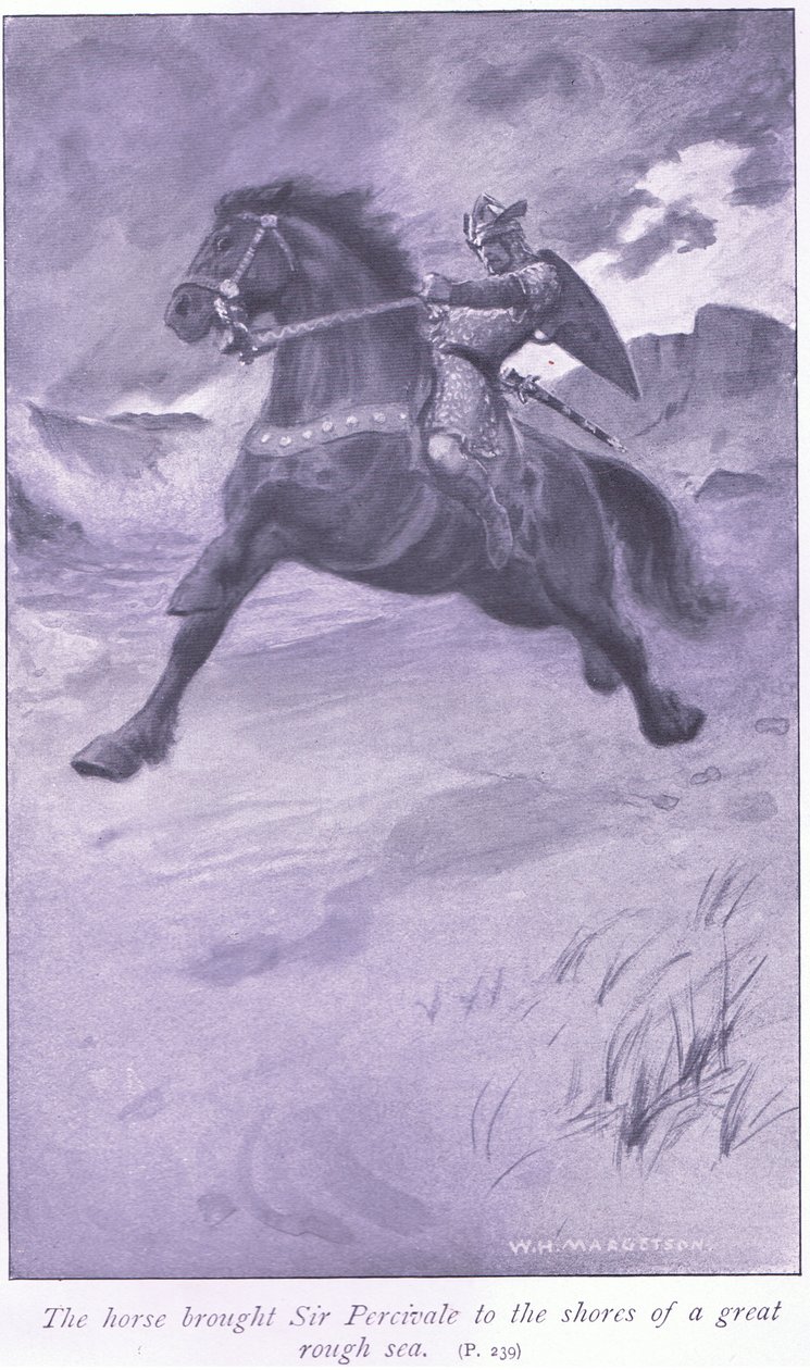 O cavalo trouxe Sir Percivale para as margens de um grande mar agitado de William Henry Margetson