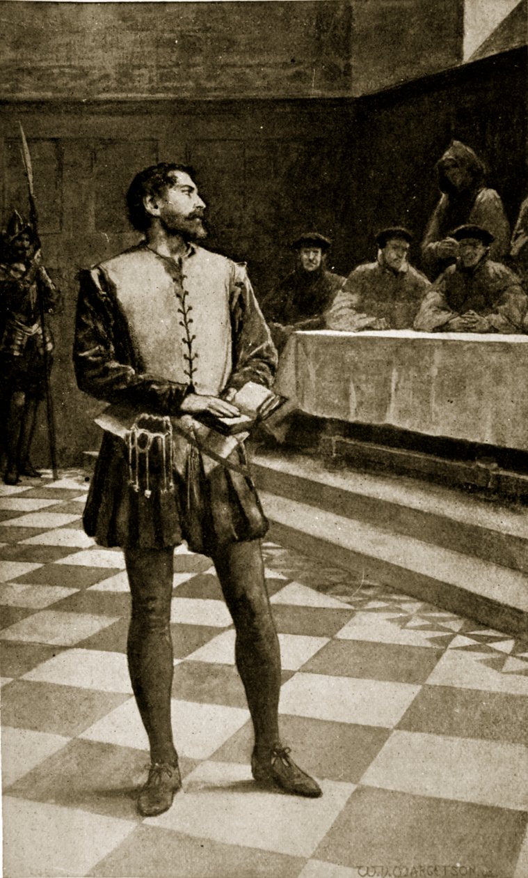 O julgamento de Adam Wallace, 1550, ilustração da "Hutchinson&39;s Story ofthe British Nation", c.1923 de William Henry Margetson