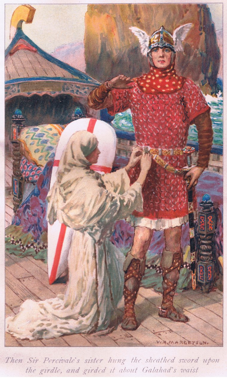 Então a irmã de Sir Percivale pendurou a espada embainhada no cinto e a cingiu na cintura de Galahad. de William Henry Margetson
