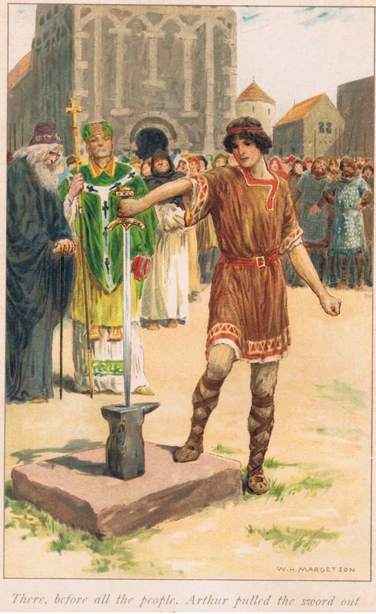 Lá antes de todo o povo, Arthur tirou a espada da pedra de William Henry Margetson