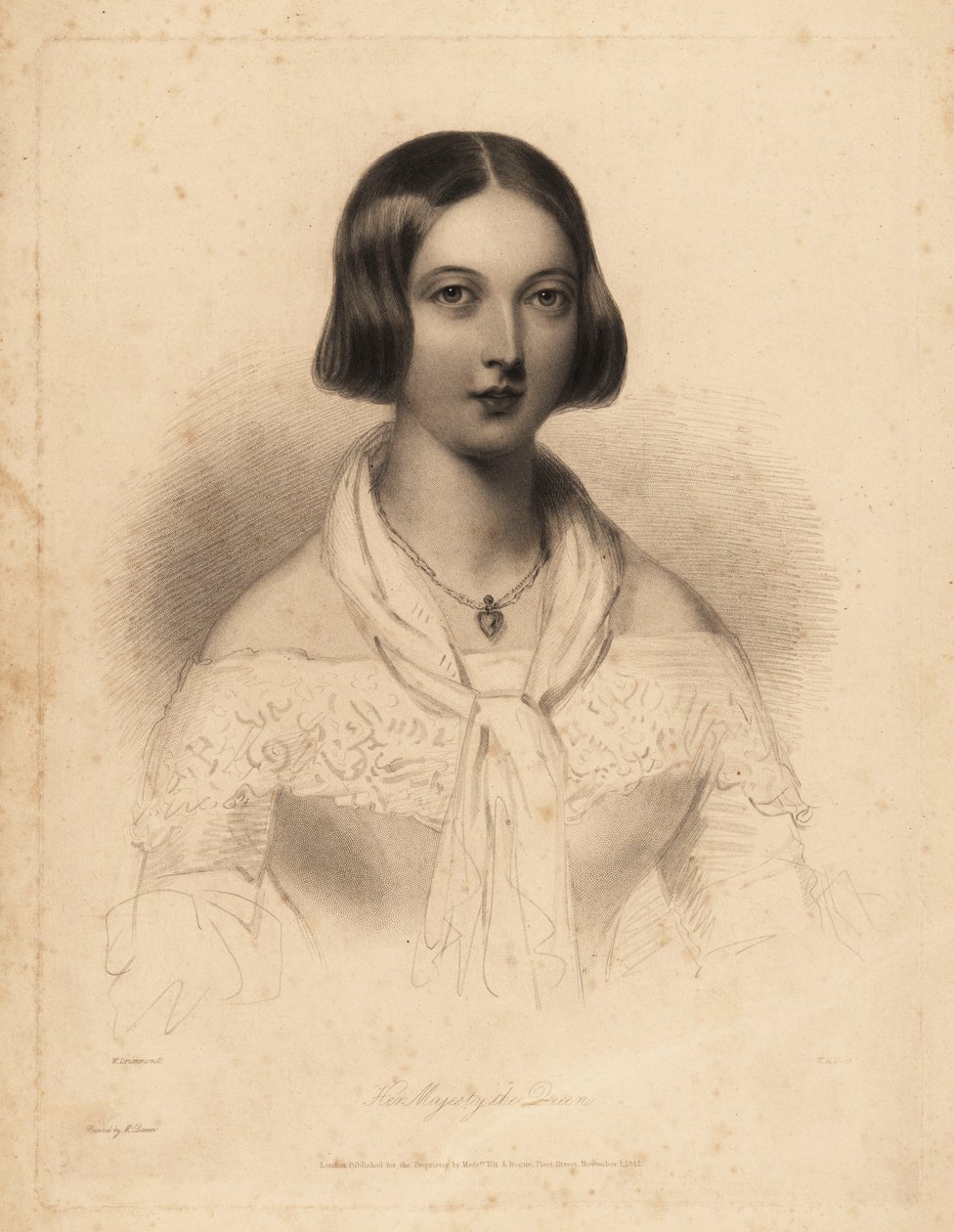 Jovem Rainha Vitória, 20 e poucos anos. Gravura de ponta de aço por William Henry Mote após uma ilustração de William Drummond de Charles Heath