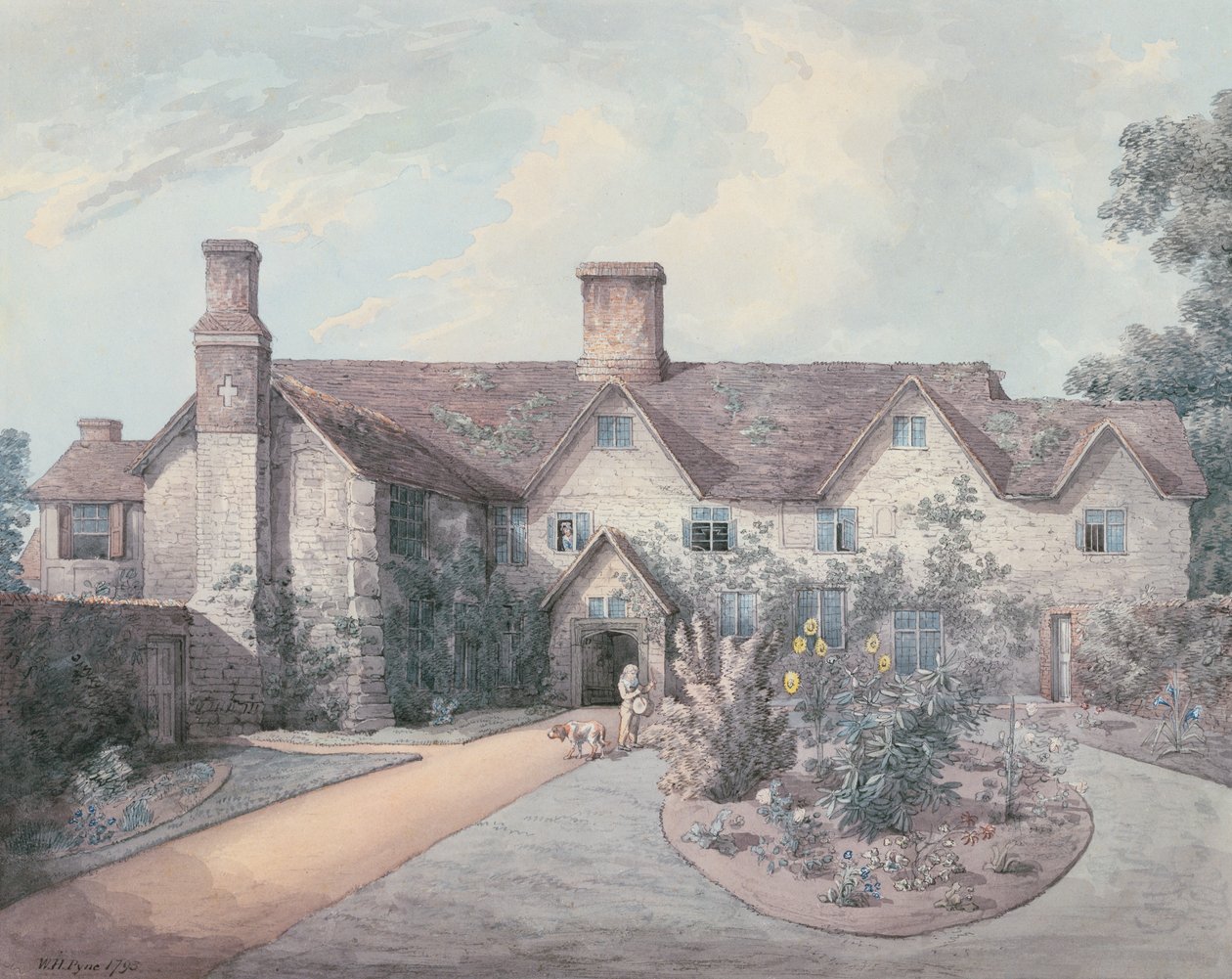 Um, menino, tocando, um, tambor, jardim, de, um, casa rural, 1793, (pen, tinta, com, wc, sobre, grafite, ligado, paper) de William Henry Pyne