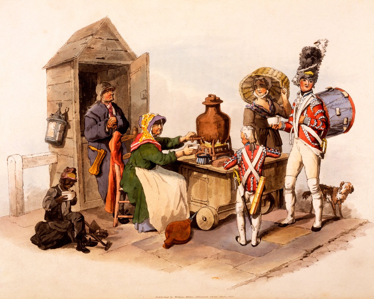 Uma vendedora da Sallop servindo bebidas quentes aquecidas, de "The Costumes of Great Britain", 1808 de William Henry Pyne