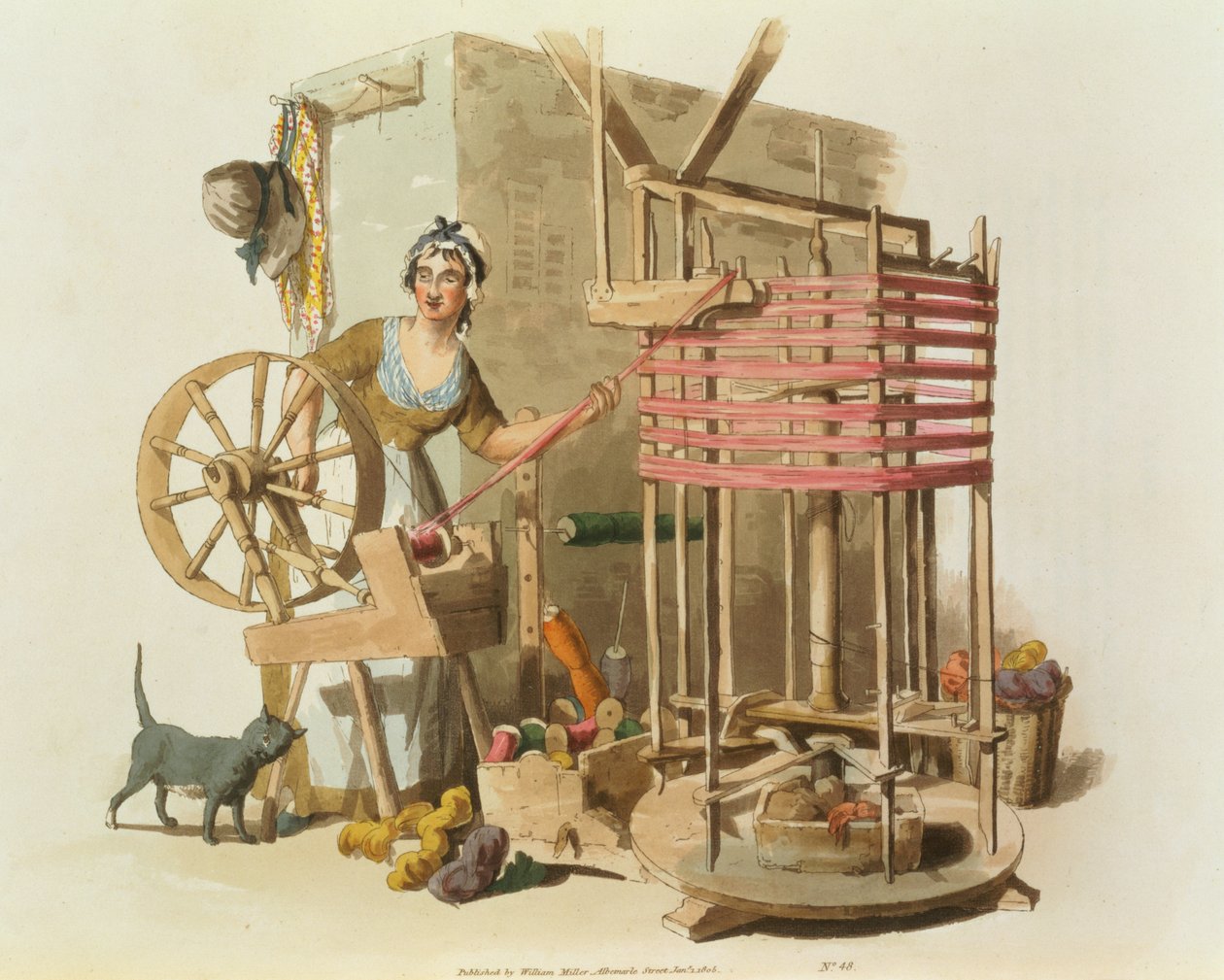 Uma mulher de lã Skeiner, gravado pelo artista, 1808 (aquatint) de William Henry Pyne