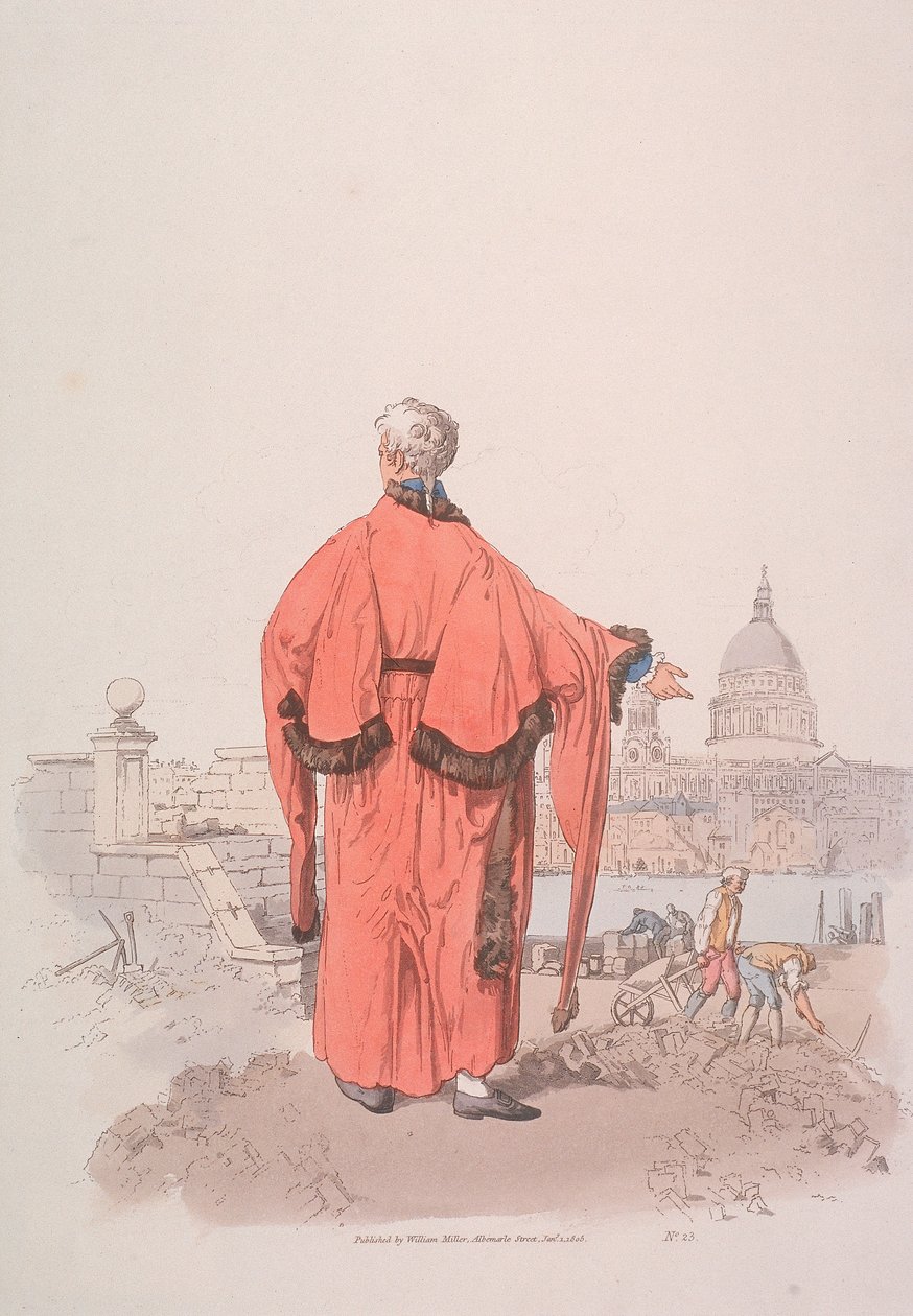 Vereador em traje cívico olhando para a Catedral de St Paul, Londres, 1805 de William Henry Pyne