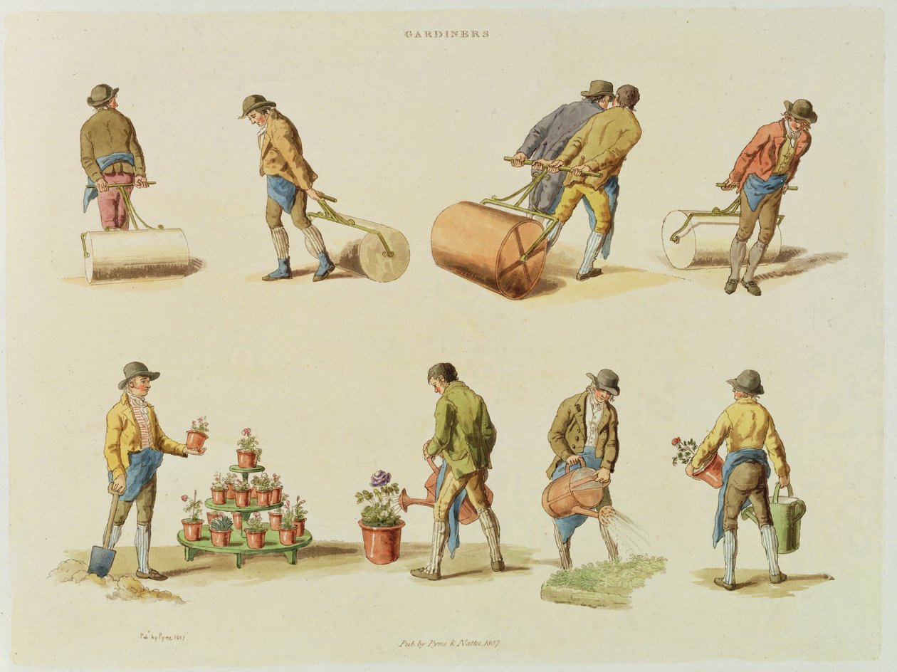 Gardeners, vol.2, plate 97, de &39;Microcosm&39;, impresso por J. Hill, 1808 (aquatinta colorida à mão) de William Henry Pyne