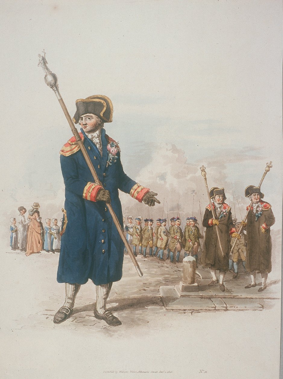 Beadle paroquial em traje cívico segurando um bastão, 1805 de William Henry Pyne