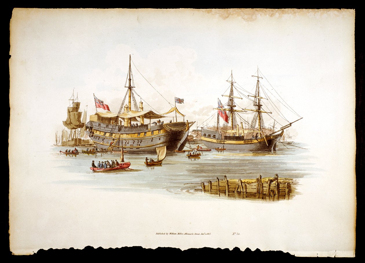 A prisão envia cascos ou propostas no Tamisa, perto da Torre de Londres, 1805 de William Henry Pyne