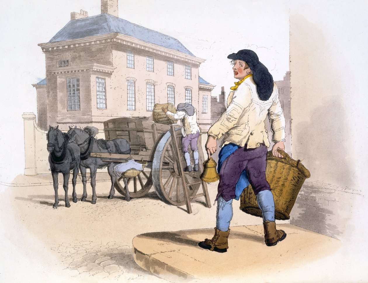 Coletores de lixo, de The Costumes of Great Britain, pub. Por Henry Miller, 1805 (impressão colorida à mão) de William Henry Pyne