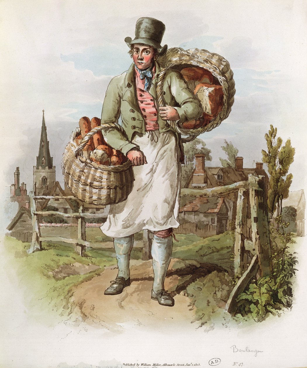 O padeiro, ilustração de "O traje da Grã-Bretanha", publicado em 1804-08 por William Miller, Londres (aquatint) de William Henry Pyne