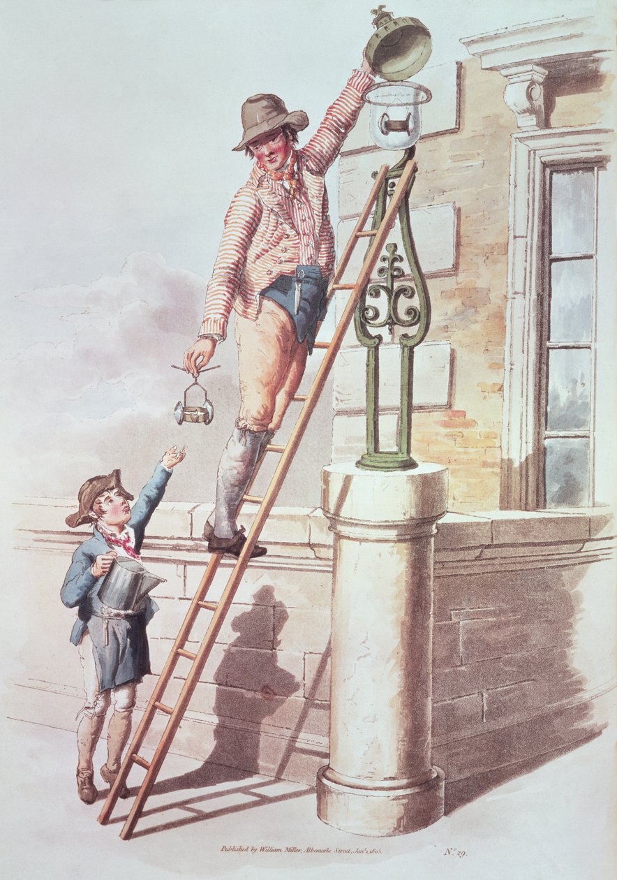 O Lamplighter de &39;Costume of Great Britain&39;, 1805 (impressão) de William Henry Pyne