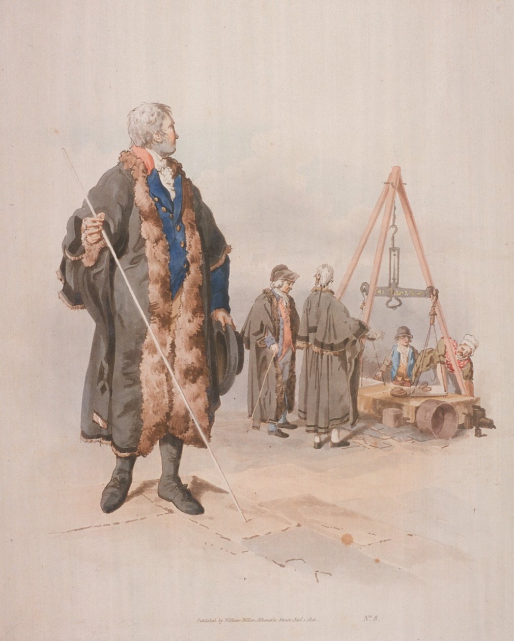 Ward Beadle em traje cívico, segurando um bastão, numa Wardmote Inquest, 1805 de William Henry Pyne