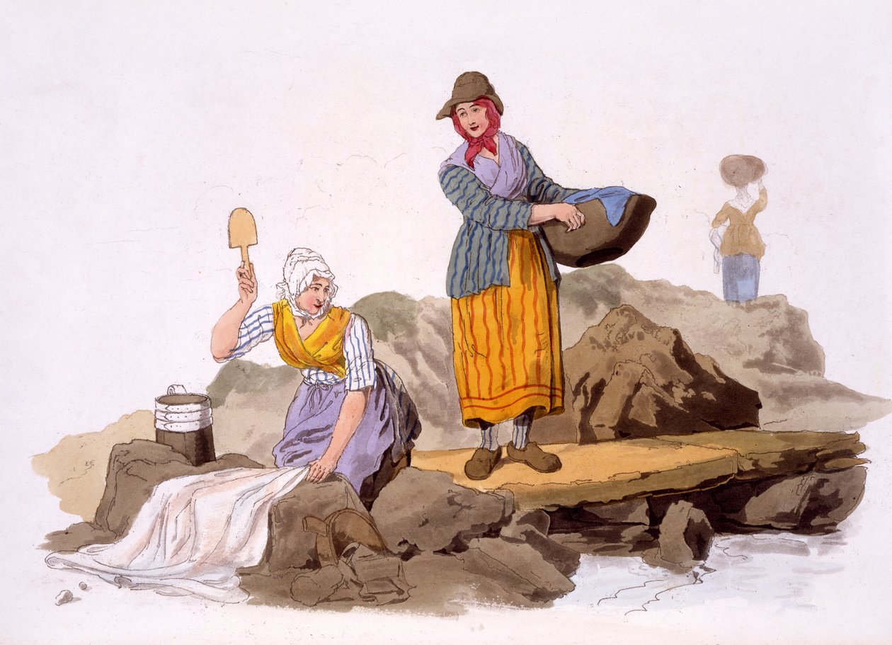 Washerwomen, dos trajes de Grâ Bretanha, bar. por Henry Miller, 1805 (impressão colorida à mão) de William Henry Pyne