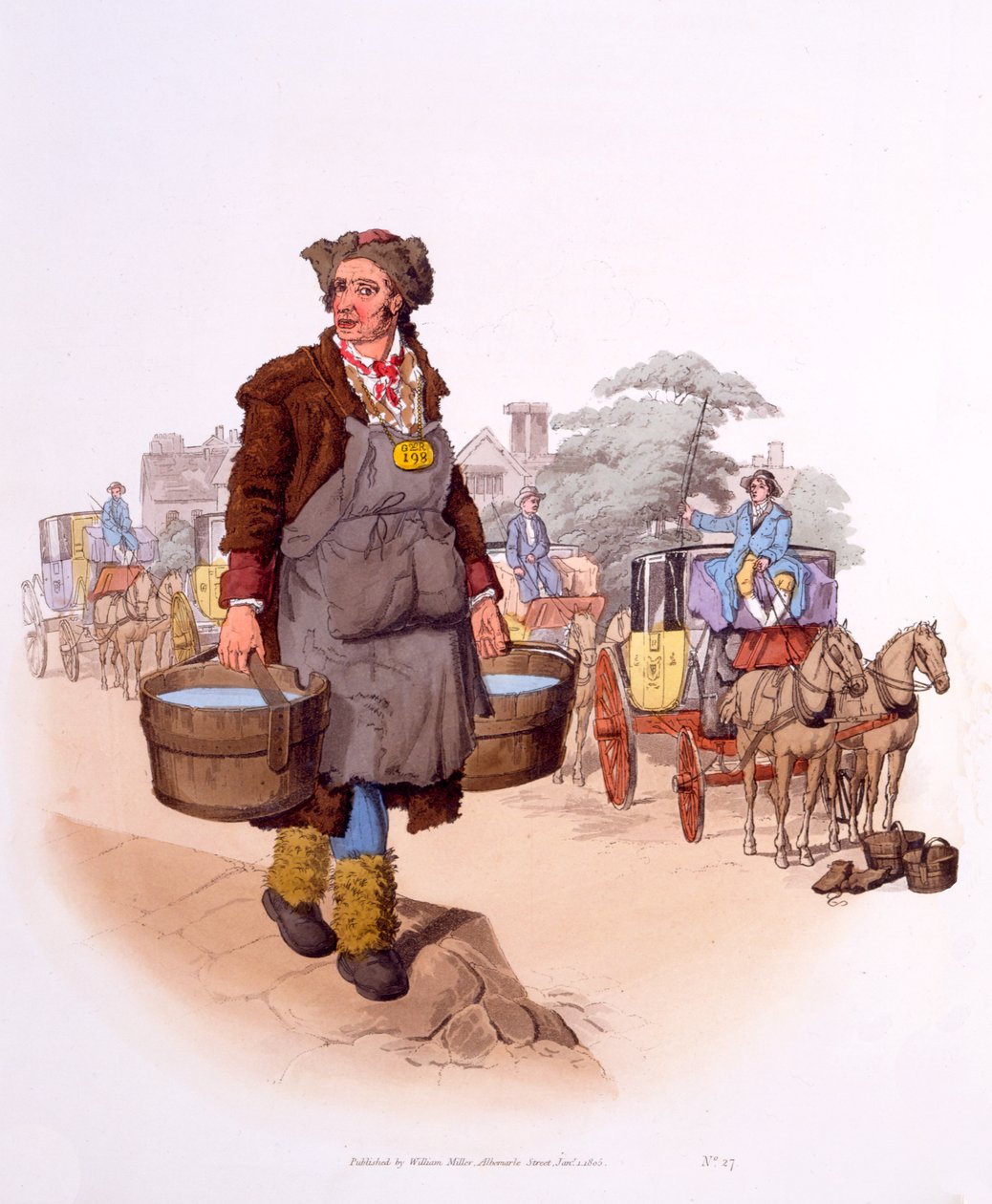 Watercarrier com sua licença GR 198 (Georgius Rex), de &39;The Costumes of Great Britain; Visão rara e convincente das classes trabalhadoras no trabalho &39;, 1808 de William Henry Pyne