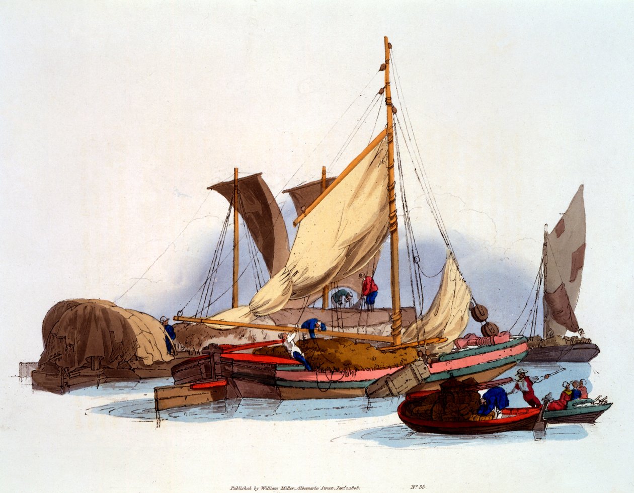 Waterman e Bargemen transportando mercadorias e passageiros, 1808 de William Henry Pyne