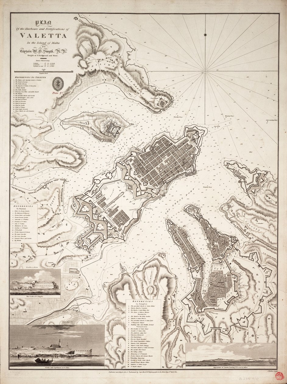 Plano dos portos e fortificações de Valeta, na ilha de Malta, c.1821 (gravura) de William Henry Smyth