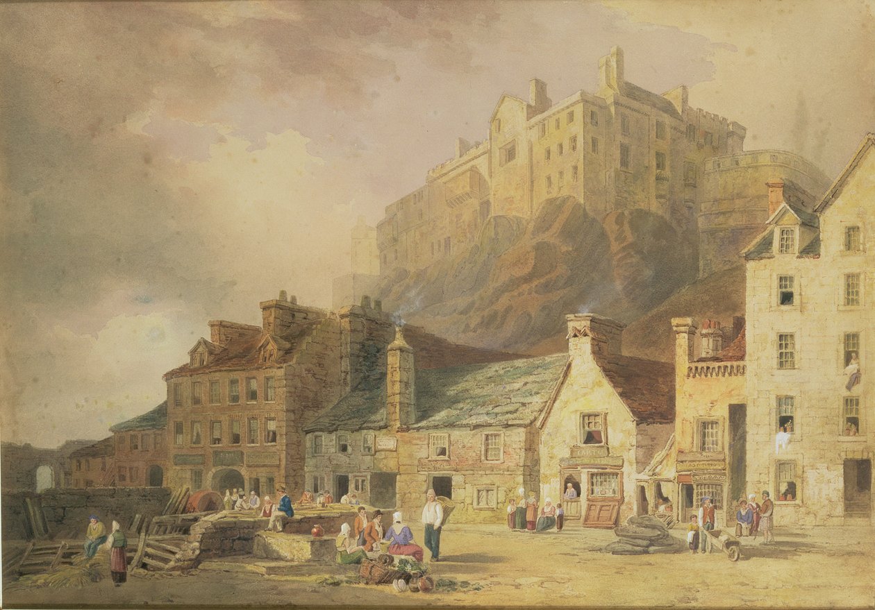 Castelo de Edimburgo do mercado de grama, mostrando o Little West Port, cerca de 1820 (wc e sépia) de William Henry Stothard