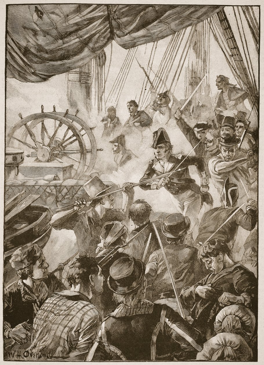 Cerca de trinta membros da tripulação fizeram uma pequena demonstração de resistência, ilustração de "Batalhas do século dezenove", de Archibald Forbes, GA Henty e Major Arthur Griffiths. de William Heysham Overend