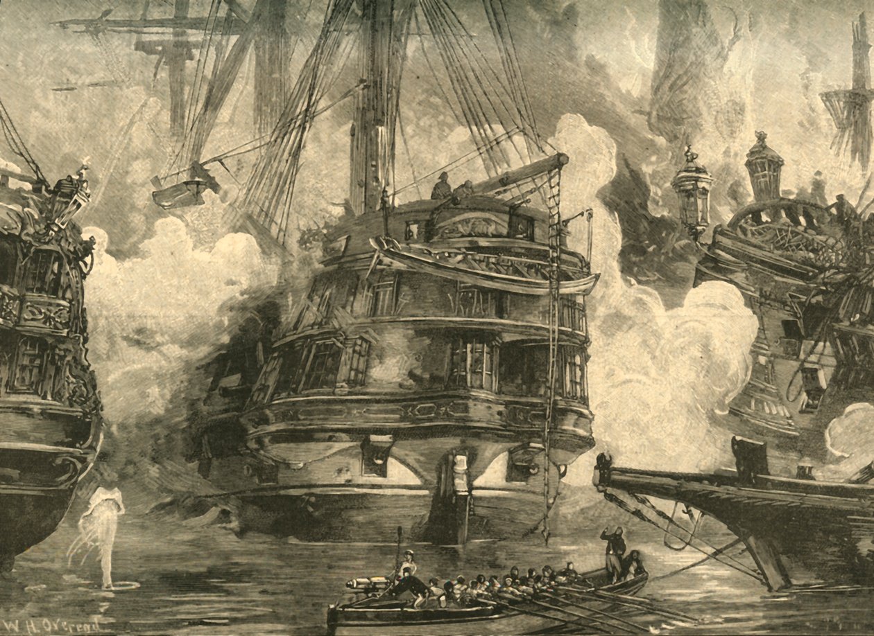 Batalha de Navarino: HMS Asia envolvendo os navios de Capitan Bey e Moharram Bey, 1827 c1890. de William Heysham Overend