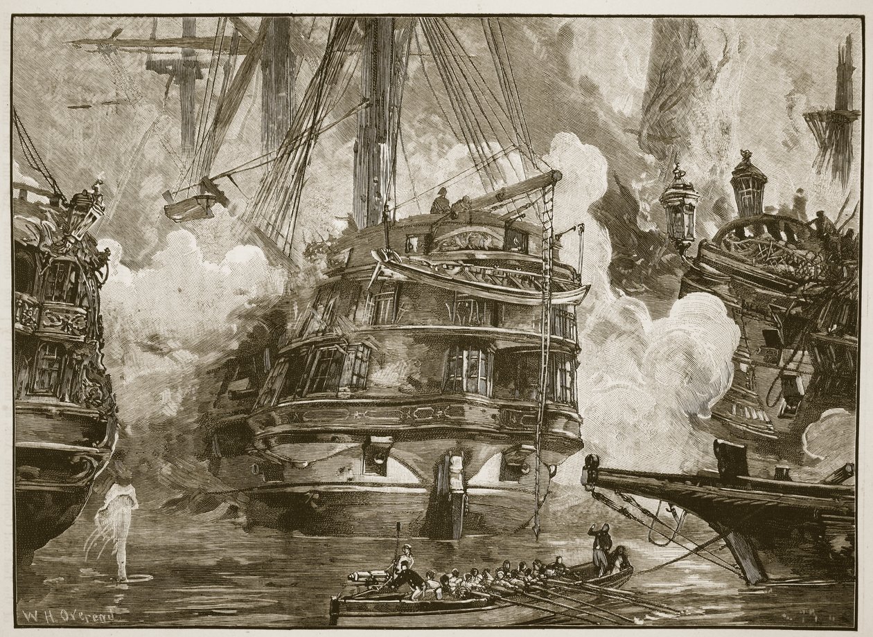 Batalha de Navarino: A &39;Ásia&39; envolvendo os navios do Capitão Bey e Mohurrem Bey, ilustração de &39;História Ilustrada de Cassell da Inglaterra&39; (foto sépia) de William Heysham Overend