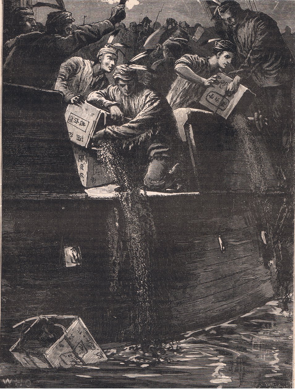 Meninos de Boston disfarçados de índios jogando as caixas de chá no porto em 1773 dC de William Heysham Overend