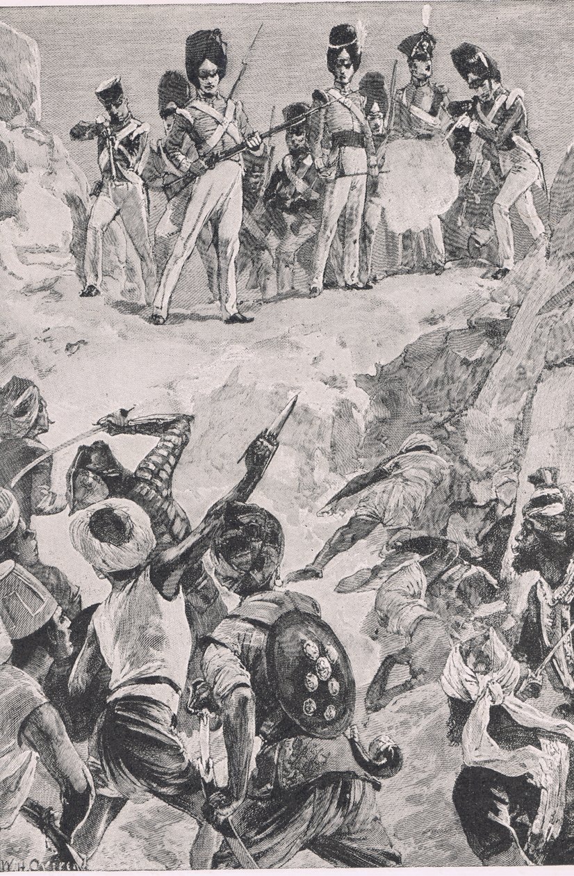 Seguidores de Carmichaels lançaram um voleio no denso aglomerado de homens: Batalha de Bharatpur 1826, ilustração das Batalhas Britânicas na Terra e no Mar, 1915 de William Heysham Overend