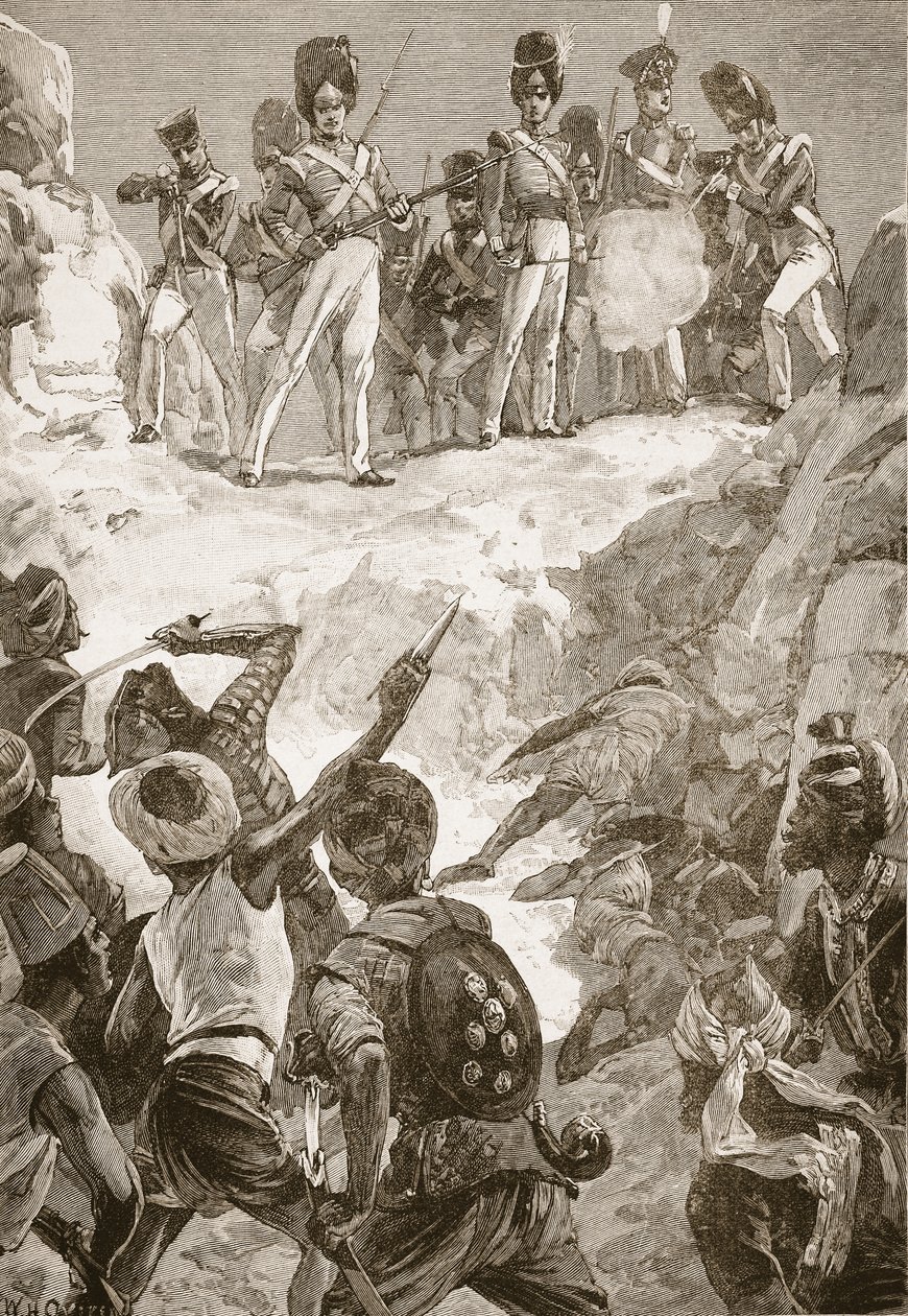 Os seguidores de Carmichael dispararam contra o denso aglomerado de homens à sua frente, ilustração de "Batalhas do Século Dezenove", de Archibald Forbes, GA Henty e Major Arthur Griffiths. de William Heysham Overend