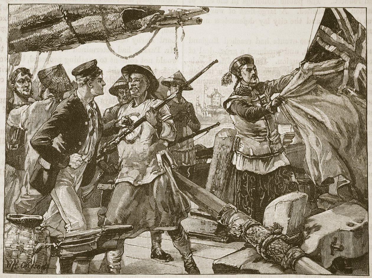 Oficiais chineses puxando para baixo a bandeira britânica na &39;Arrow&39;, 8 de outubro de 1856, ilustração de &39;História Ilustrada de Cassell da Inglaterra&39; (foto sépia) de William Heysham Overend