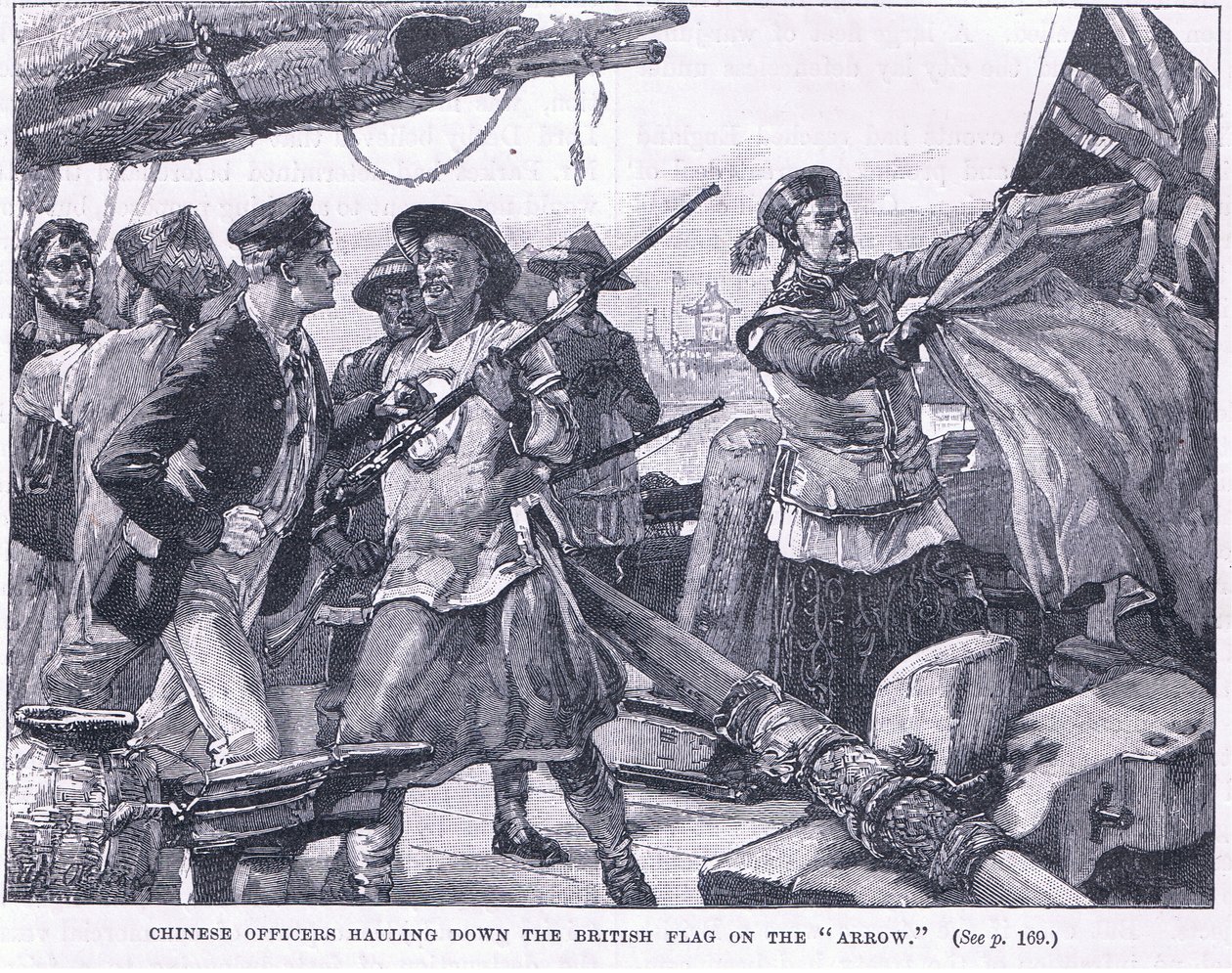 Oficiais chineses puxando a bandeira britânica na "Arrow" 1856 AD de William Heysham Overend