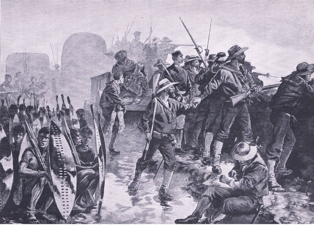 Defendendo um laager contra um ataque de Zulu, ilustração das batalhas britânicas na terra e no mar, 1915 de William Heysham Overend