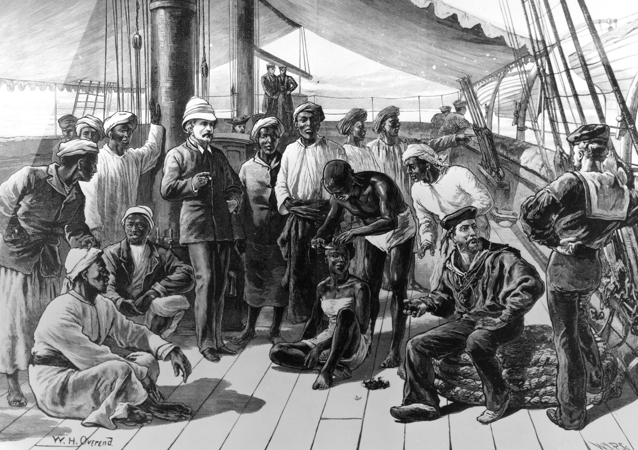 Sr. Stanley e alguns de seus seguidores africanos a bordo da HMS Industry, publicados no &39;The Illustrated London News&39;, 5 de janeiro de 1878 de William Heysham Overend