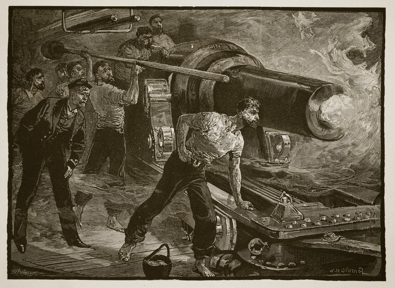 Guerra naval: trabalhando arma de um navio, gravada por WJ Palmer de William Heysham Overend
