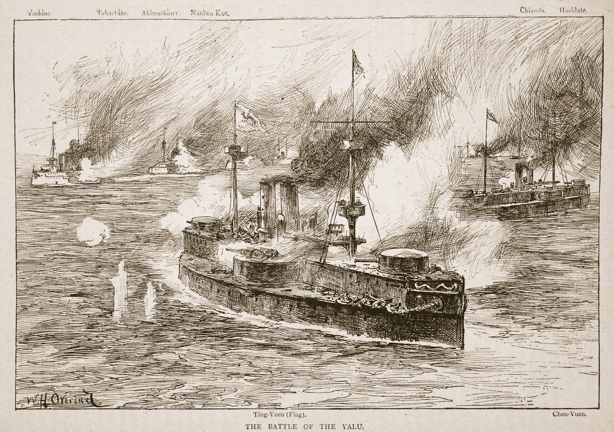 A Batalha do Rio Yalu, 1894, ilustração de "Batalhas do Século Dezenove", de Archibald Forbes, GA Henty e Major Arthur Griffiths de William Heysham Overend