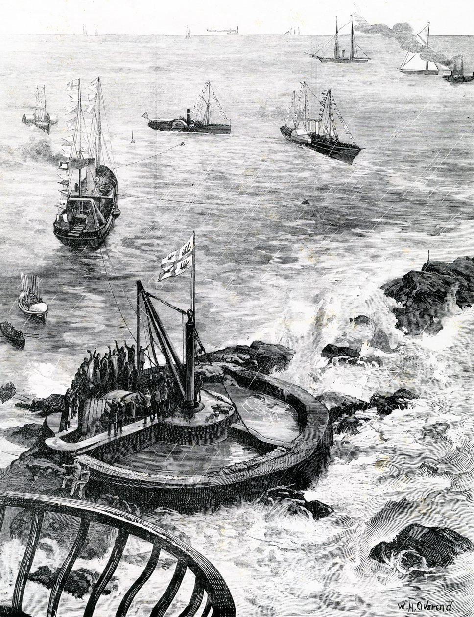 O Príncipe de Gales e Duque de Edimburgo, que estabelece a pedra fundamental do novo farol de Eddystone, ilustração de "The Illustrated London News", 1879 de William Heysham Overend