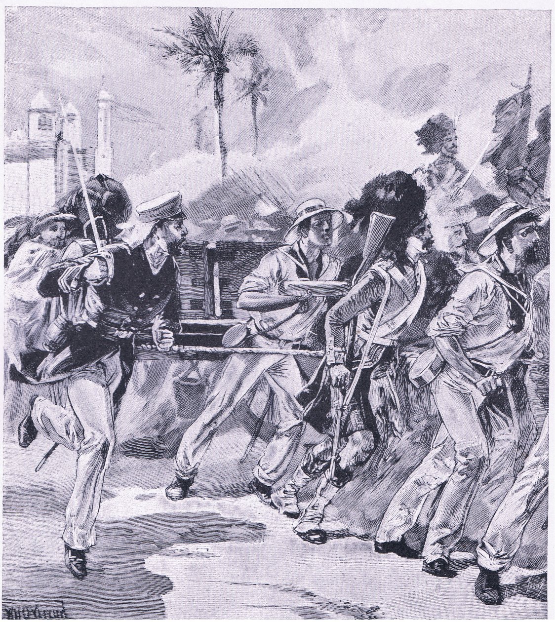 A brigada naval de HMS Shannon em Lucknow, novembro de 1857, ilustração das batalhas britânicas na terra e no mar, 1915 de William Heysham Overend