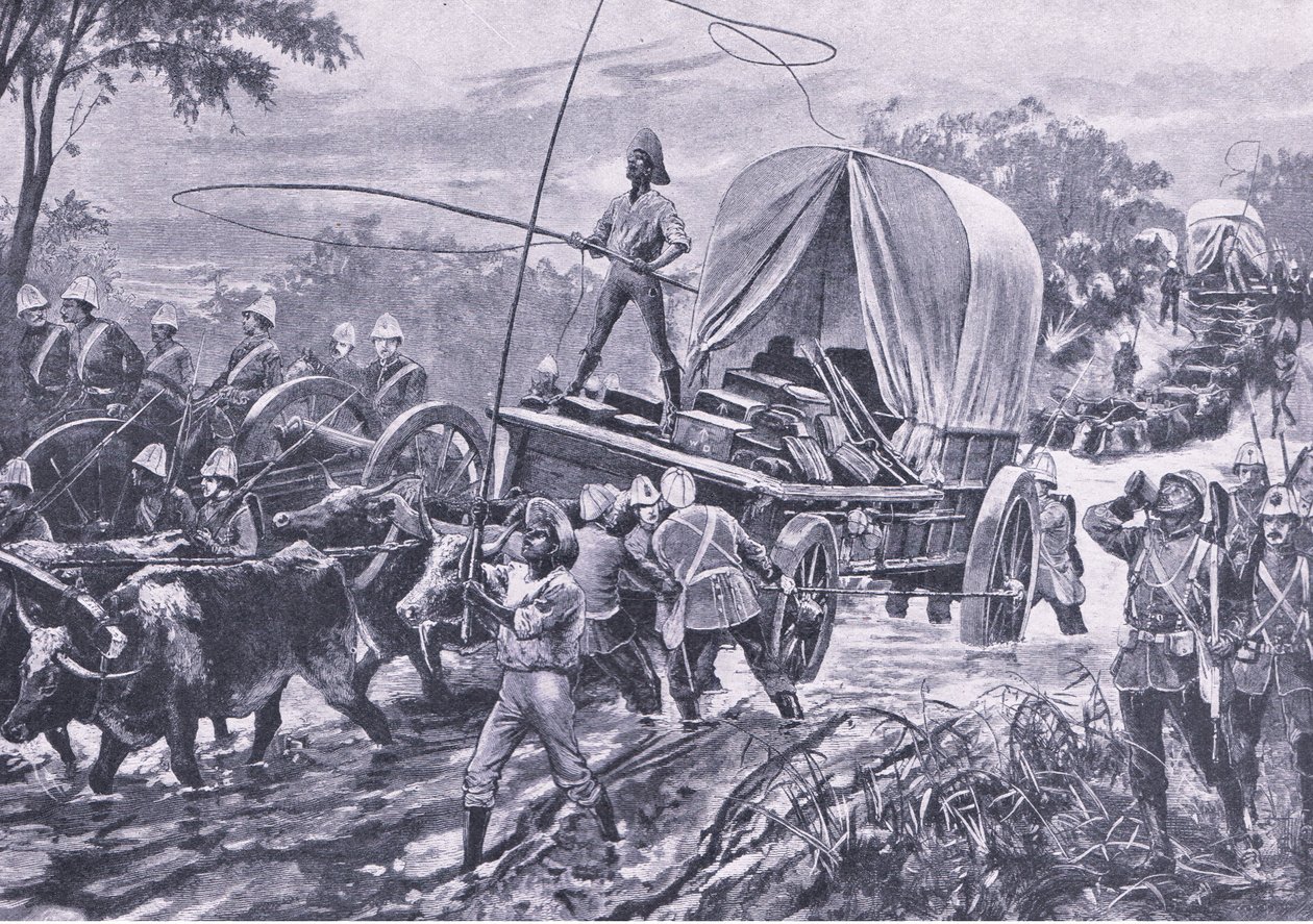 Zulu War: A Força de Socorro de Estowe atravessando um riacho, em abril de 1879, ilustração das Batalhas Britânicas em Terra e Mar, 1915 de William Heysham Overend