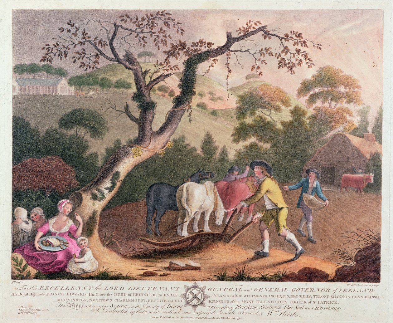 Vista de arar, semear semente de linho e gradagem, 1791 de William Hincks