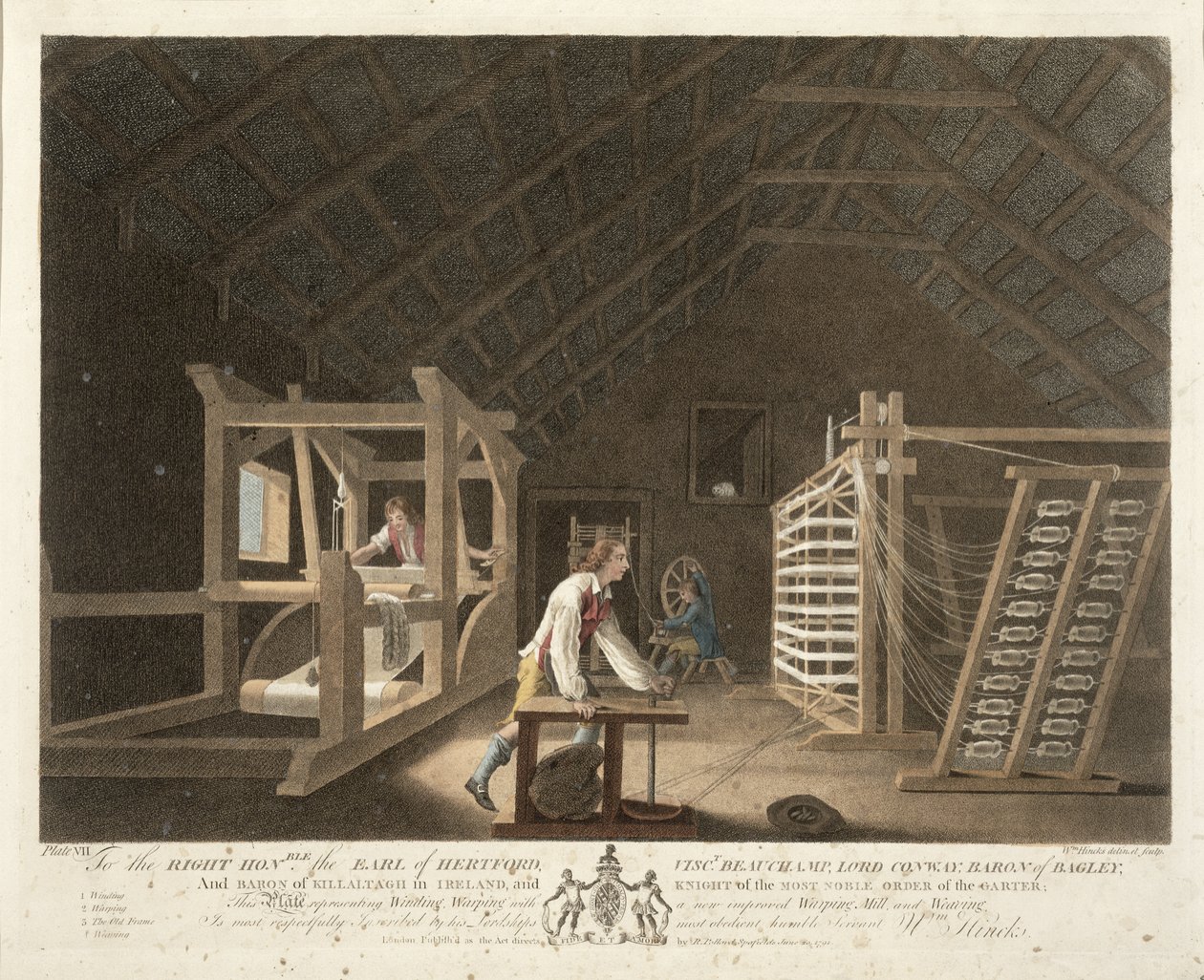 Enrolamento, empenamento com uma nova usina de beneficiamento e tecelagem melhorada, placa VII de &39;The Linen Manufactory of Ireland&39;, 1791 (litografia colorida) de William Hincks