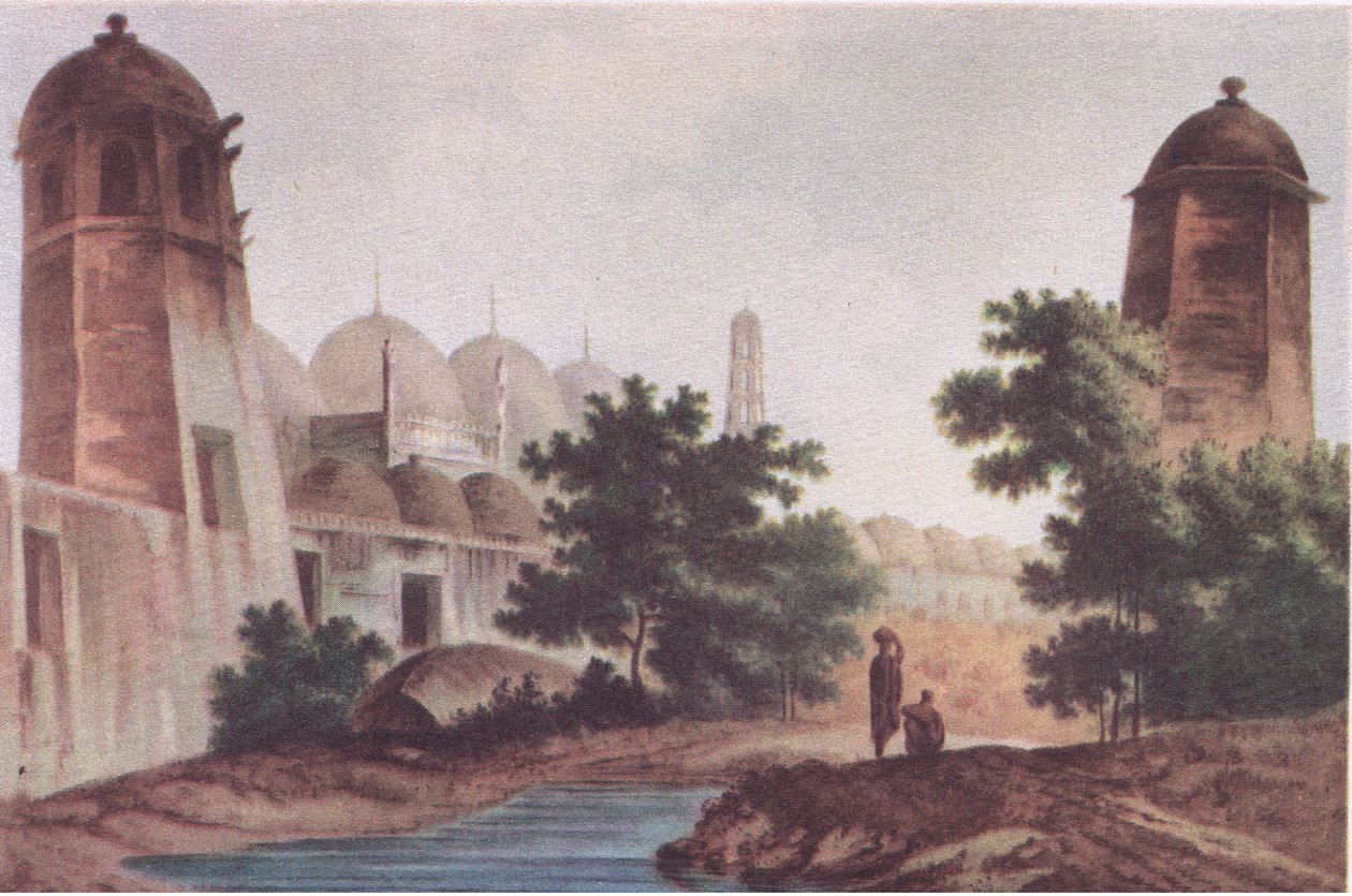 Vista da Mesquita Kutra construída por Mir Jaffier em Murshidabad (Select Views in India 1786), da British Adventure, publicada por Collins, 1947 de William Hodge