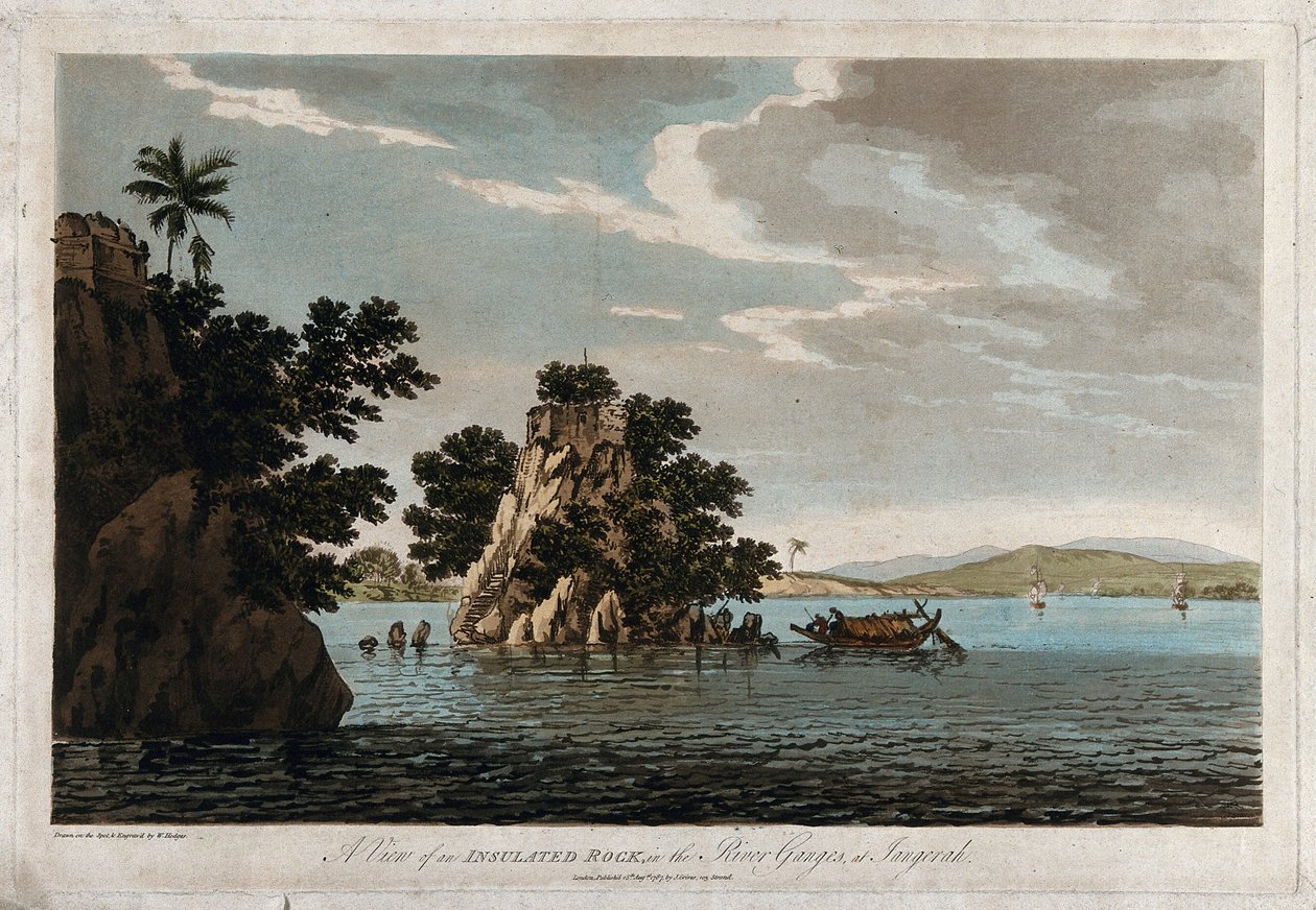 Vista de uma rocha isolada, no rio Ganges, em Jangerah de William Hodges