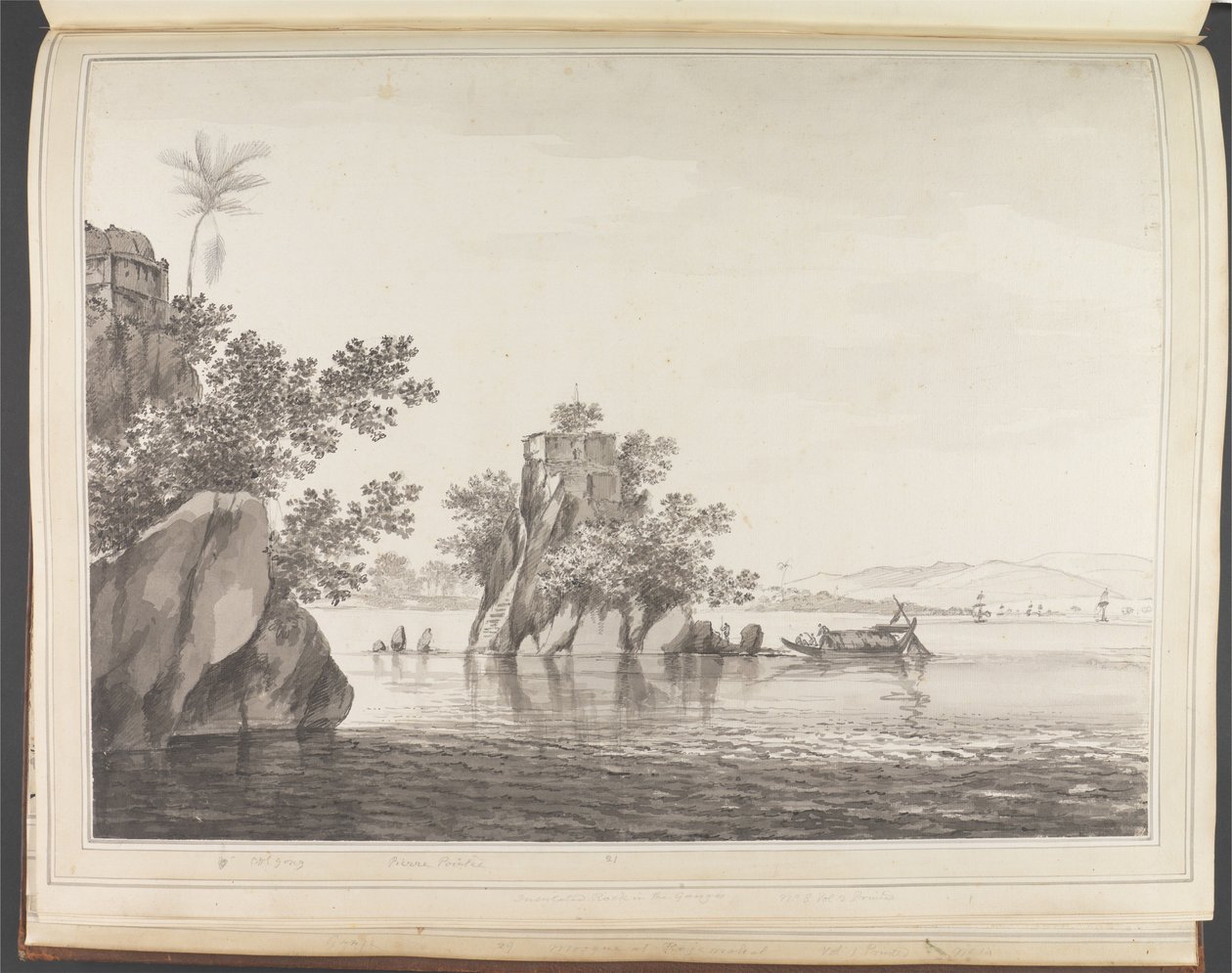 Vista de um rochedo isolado no rio Ganges em Jangerah [Jahangira] de William Hodges