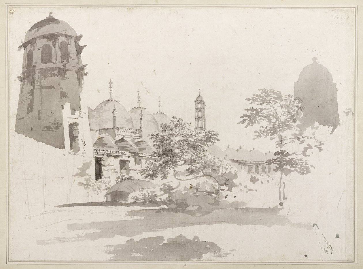 Vista do Cuttera Construído por Jaffier Cawn em Murishidbad, c.1781 (lavagem cinza e lápis sobre papel) de William Hodges